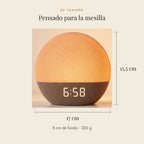 Medidas del despertador de luz ZOMI Sunrise: 17 cm de ancho, 15,5 cm de alto y 8 cm de fondo; pesa 320 g
