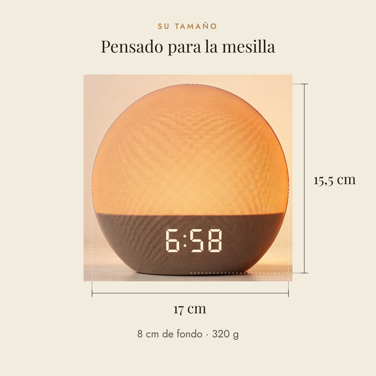 Medidas del despertador de luz ZOMI Sunrise: 17 cm de ancho, 15,5 cm de alto y 8 cm de fondo; pesa 320 g
